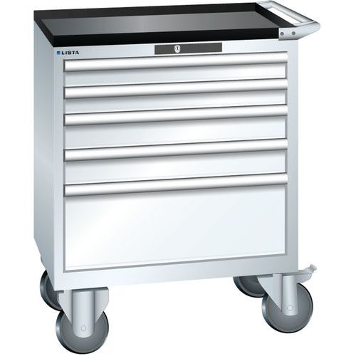 Mobilní dílenská zásuvková skříň LISTA, 5 zásuvek = 2x75 + 2x100 + 1x250mm, 717x572x962mm, bílá