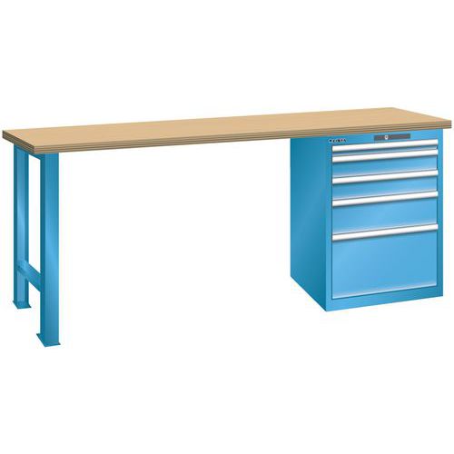 Dílenský pracovní stůl LISTA, 1500x700x840mm, 5 zásuvek, nosnost 1500 kg, světle modrá