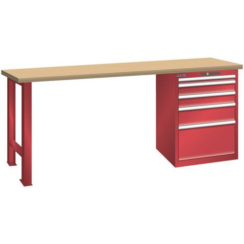 Dílenský pracovní stůl LISTA, 1500x700x840mm, 5 zásuvek, nosnost 1500 kg, červená