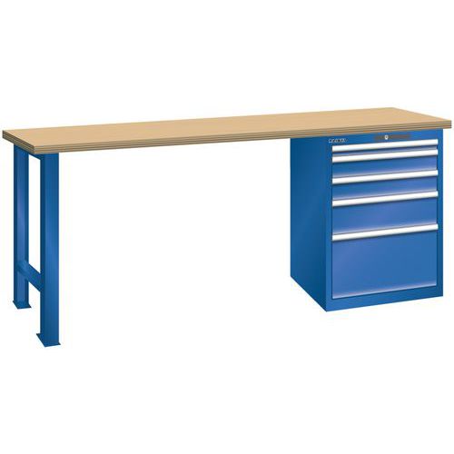 Dílenský pracovní stůl LISTA, 1500x700x840mm, 5 zásuvek, nosnost 1500 kg, fluorescentně modrá