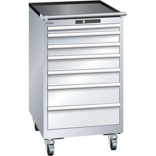 Mobilní dílenská zásuvková skříň LISTA, 7 zásuvek = 1x50 + 2x75 + 2x100 + 2x150mm, 564x725x990mm, šedá