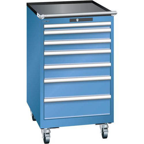 Mobilní dílenská zásuvková skříň LISTA, 7 zásuvek = 1x50 + 2x75 + 2x100 + 2x150mm, 564x725x990mm, modrá