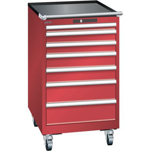 Mobilní dílenská zásuvková skříň LISTA, 7 zásuvek = 1x50 + 2x75 + 2x100 + 2x150mm, 564x725x990mm, červená
