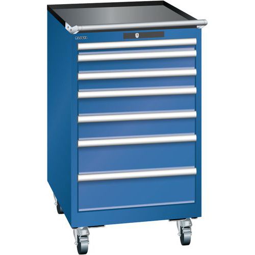 Mobilní dílenská zásuvková skříň LISTA, 7 zásuvek = 1x50 + 2x75 + 2x100 + 2x150mm, 564x725x990mm, tmavě modrá