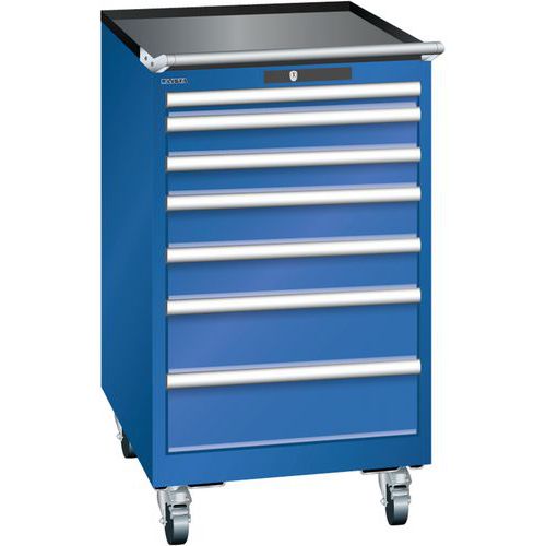 Mobilní dílenská zásuvková skříň LISTA, 7 zásuvek = 1x50 + 2x75 + 2x100 + 2x150mm, 564x725x990mm, fluorescentní modrá
