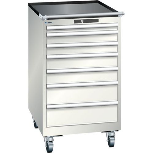 Mobilní dílenská zásuvková skříň LISTA, 7 zásuvek = 1x50 + 2x75 + 2x100 + 2x150mm, 564x725x990mm, světle šedá