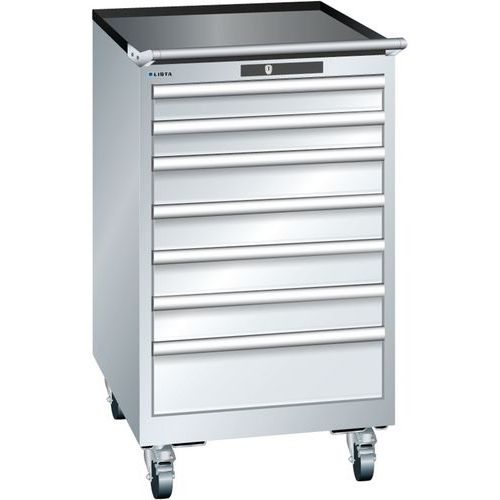 Mobilní dílenská zásuvková skříň LISTA, 7 zásuvek = 2x75 + 4x100 + 1x150mm, 564x725x990mm, šedá