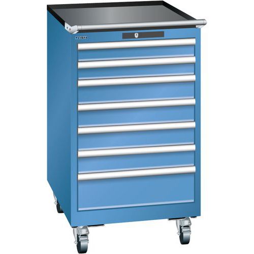Mobilní dílenská zásuvková skříň LISTA, 7 zásuvek = 2x75 + 4x100 + 1x150mm, 564x725x990mm, modrá