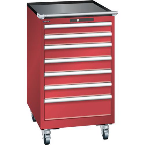 Mobilní dílenská zásuvková skříň LISTA, 7 zásuvek = 2x75 + 4x100 + 1x150mm, 564x725x990mm, červená