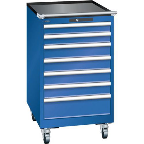 Mobilní dílenská zásuvková skříň LISTA, 7 zásuvek = 2x75 + 4x100 + 1x150mm, 564x725x990mm, fluorescentní modrá