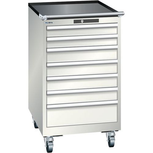 Mobilní dílenská zásuvková skříň LISTA, 7 zásuvek = 2x75 + 4x100 + 1x150mm, 564x725x990mm, světle šedá