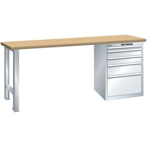 Dílenský pracovní stůl LISTA, 1500x750x840mm, 5 zásuvek, nosnost 1500 kg, šedá