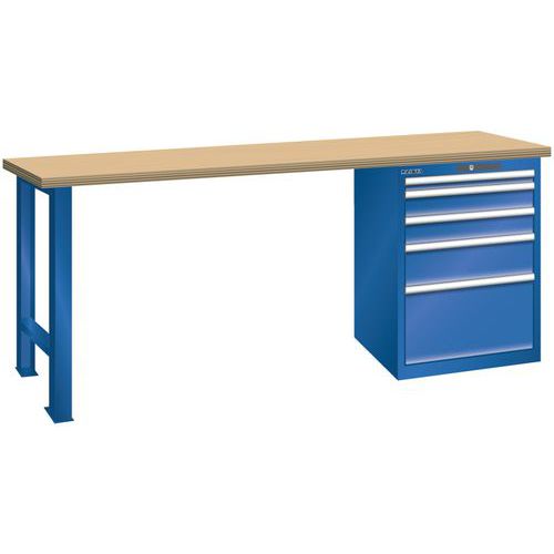 Dílenský pracovní stůl LISTA, 1500x750x840mm, 5 zásuvek, nosnost 1500 kg, fluorescentně modrá
