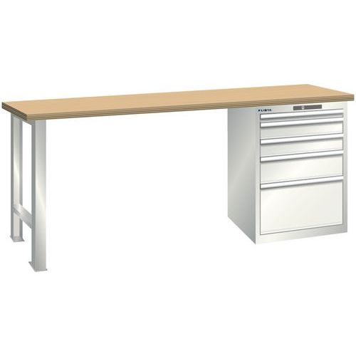 Dílenský pracovní stůl LISTA, 1500x750x840mm, 5 zásuvek, nosnost 1500 kg, světle šedá