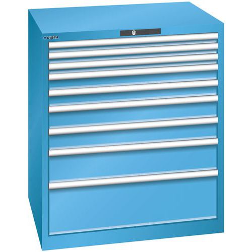 Dílenská zásuvková skříň LISTA, 870x725x1000mm, 9 zásuvek, nosnost zásuvky 75kg, světle modrá