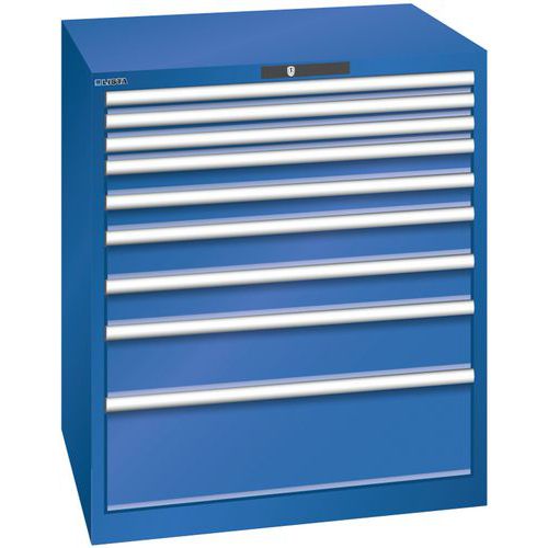 Dílenská zásuvková skříň LISTA, 870x725x1000mm, 9 zásuvek, nosnost zásuvky 75kg, fluorescentní modrá