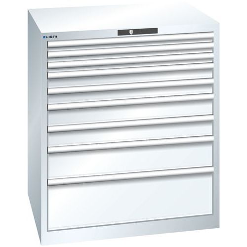Dílenská zásuvková skříň LISTA, 870x725x1000mm, 9 zásuvek, nosnost zásuvky 75kg, bílá