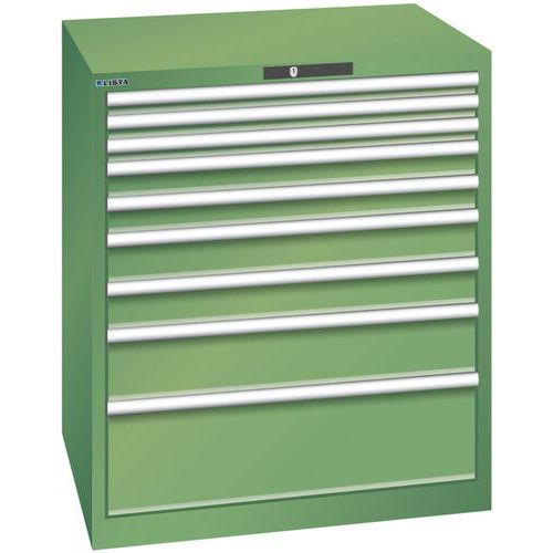 Dílenská zásuvková skříň LISTA, 870x725x1000mm, 9 zásuvek, nosnost zásuvky 200kg, zelená