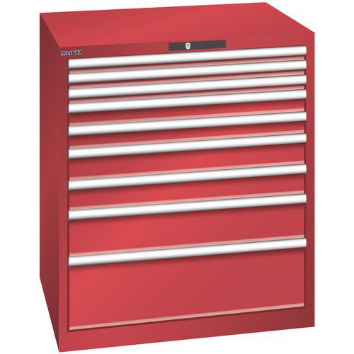 Dílenská zásuvková skříň LISTA, 870x725x1000mm, 9 zásuvek, nosnost zásuvky 200kg, červená