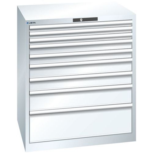 Dílenská zásuvková skříň LISTA, 870x725x1000mm, 9 zásuvek, nosnost zásuvky 200kg, bílá