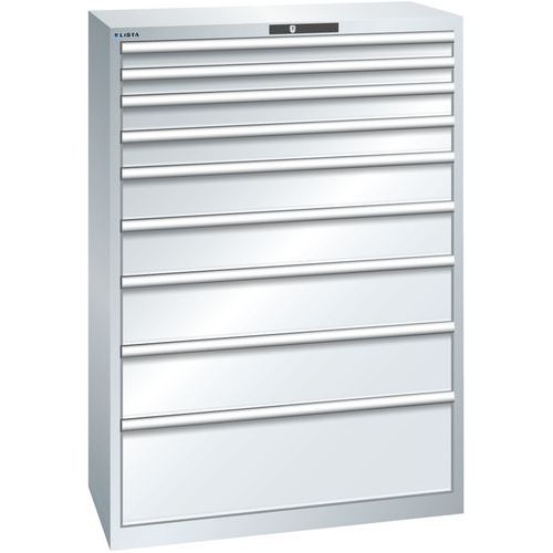 Dílenská zásuvková skříň Lista, nosnost 75 kg, 9 zásuvek, šedá