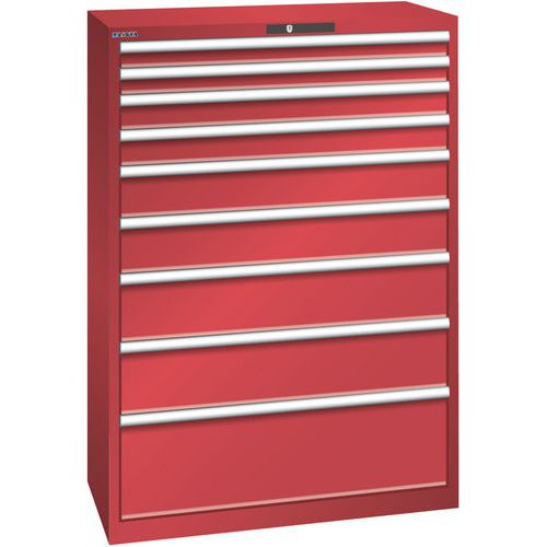 Dílenská zásuvková skříň Lista, nosnost 75 kg, 9 zásuvek, červená