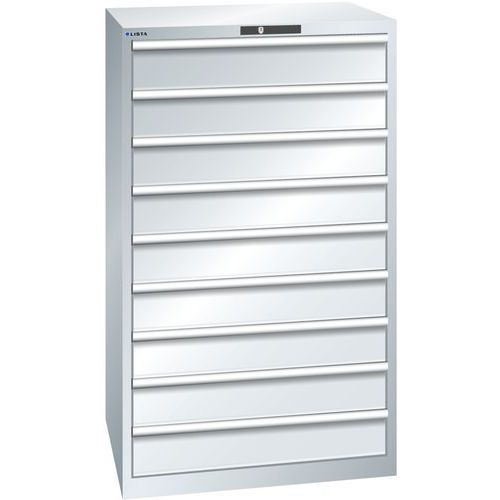 Dílenské zásuvkové skříně LISTA, 9 zásuvek = 9x150mm, nosnost zásuvky 75kg, 870x725x1450mm, šedá