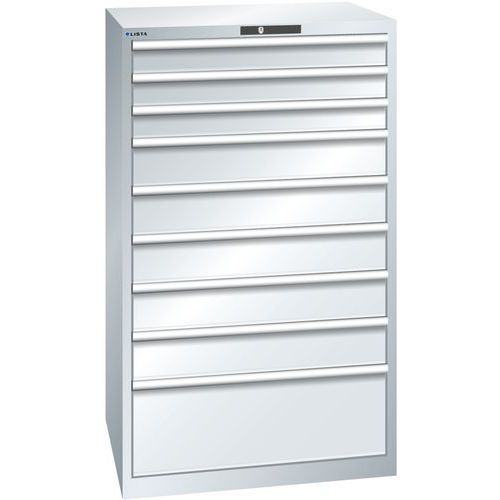Dílenské zásuvkové skříně LISTA, 9 zásuvek = 3x100mm +5x150 +1x300mm, nosnost zásuvky 200kg, 870x725x1450mm, šedá