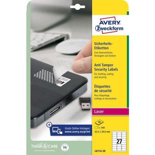 Samolepicí etikety Avery Zweckform s ochranou proti manipulaci, šachovnice, matné, bílé, 63,5 x 29,6 mm