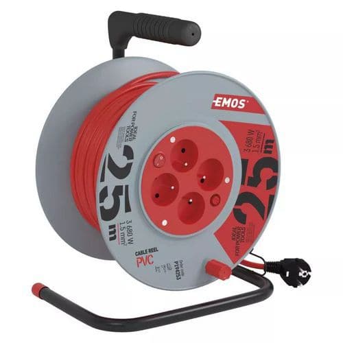 Prodlužovací kabel na bubnu Emos s vypínačem, červený, PVC, 4 zásuvky, 25 m