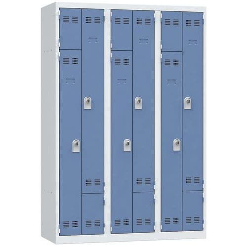 Svařovaná šatní skříň Vinco, dveře Z, 6 oddílů, otočný uzávěr, šedá/modrá