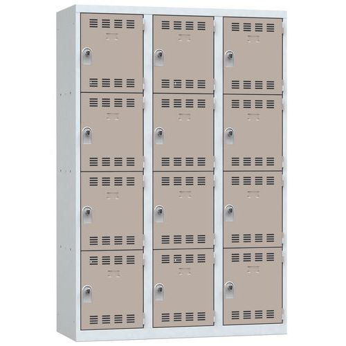 Svařovaná šatní skříň Vinco, 3 sloupce, 12 boxů, 400 mm, otočný uzávěr, šedá/hnědá