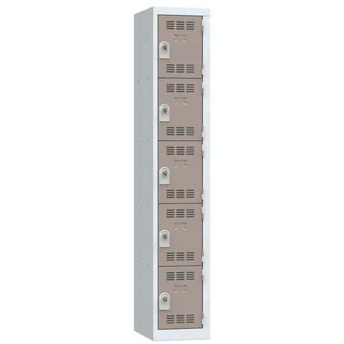 Svařovaná šatní skříň Vinco, 1 sloupec, 5 boxů, 300 mm, otočný uzávěr, šedá/hnědá
