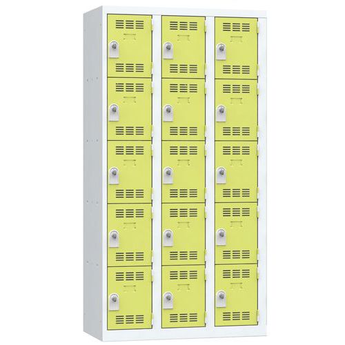Svařovaná šatní skříň Vinco, 3 sloupce, 15 boxů, 300 mm, otočný uzávěr, šedá/zelená