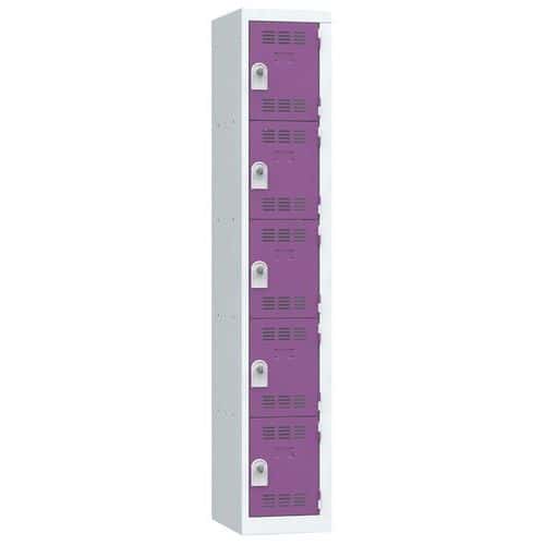 Svařovaná šatní skříň Vinco, 1 sloupec, 5 boxů, 300 mm, otočný uzávěr, šedá/fialová