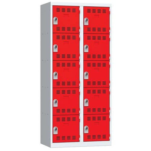Svařovaná šatní skříň Vinco, 2 sloupce, 10 boxů, 400 mm, otočný uzávěr, šedá/červená