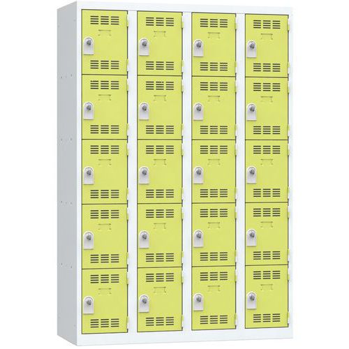 Svařovaná šatní skříň Vinco, 4 sloupce, 20 boxů, 300 mm, otočný uzávěr, šedá/zelená