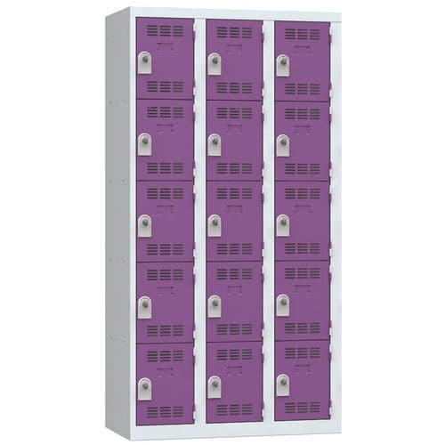 Svařovaná šatní skříň Vinco, 3 sloupce, 15 boxů, 300 mm, otočný uzávěr, šedá/fialová