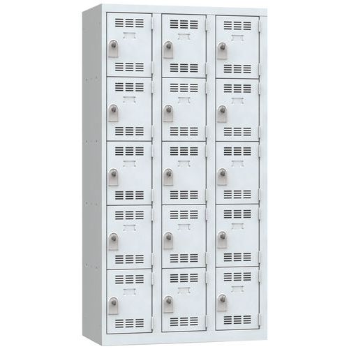 Svařovaná šatní skříň Vinco, 3 sloupce, 15 boxů, 300 mm, otočný uzávěr, šedá/šedá