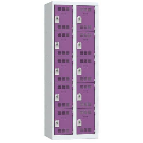 Svařovaná šatní skříň Vinco, 2 sloupce, 10 boxů, 300 mm, otočný uzávěr, šedá/fialová