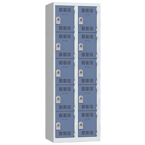 Svařovaná šatní skříň Vinco, 2 sloupce, 10 boxů, 300 mm, otočný uzávěr, šedá/modrá