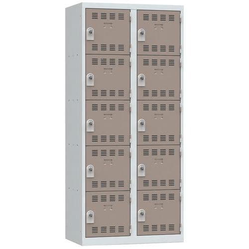 Svařovaná šatní skříň Vinco, 2 sloupce, 10 boxů, 400 mm, otočný uzávěr, šedá/hnědá