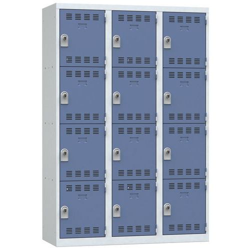 Svařovaná šatní skříň Vinco, 3 sloupce, 12 boxů, 400 mm, otočný uzávěr, šedá/modrá