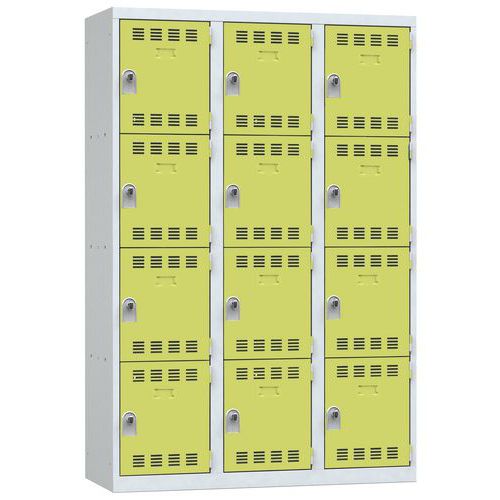 Svařovaná šatní skříň Vinco, 3 sloupce, 12 boxů, 400 mm, otočný uzávěr, šedá/zelená