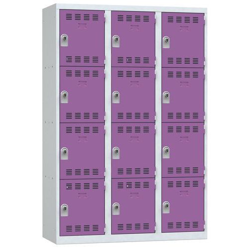 Svařovaná šatní skříň Vinco, 3 sloupce, 12 boxů, 400 mm, otočný uzávěr, šedá/fialová