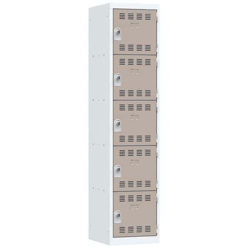 Svařovaná šatní skříň Vinco, 1 sloupec, 5 boxů, 400 mm, otočný uzávěr, šedá/hnědá