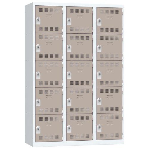 Svařovaná šatní skříň Vinco, 3 sloupce, 15 boxů, 400 mm, otočný uzávěr, šedá/hnědá