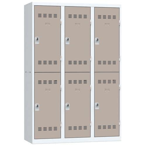 Svařovaná šatní skříň Vinco, 3 sloupce, 6 boxů, 400 mm, otočný uzávěr, šedá/hnědá
