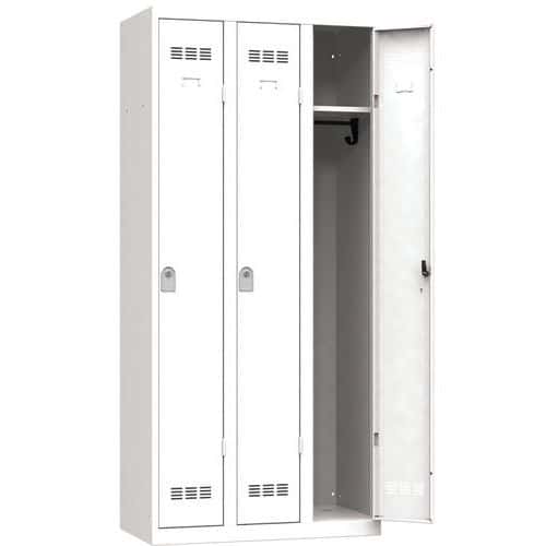 Svařovaná šatní skříň Vinco, 3 oddíly, 300 mm, cylindrický zámek, bílá/bílá/bílá/bílá