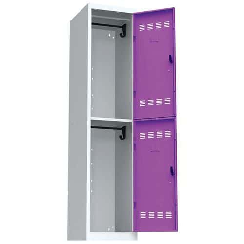 Svařovaná šatní skříň Vinco, 1 sloupec, 2 boxy, 400 mm, cylindrický zámek, šedá/fialová